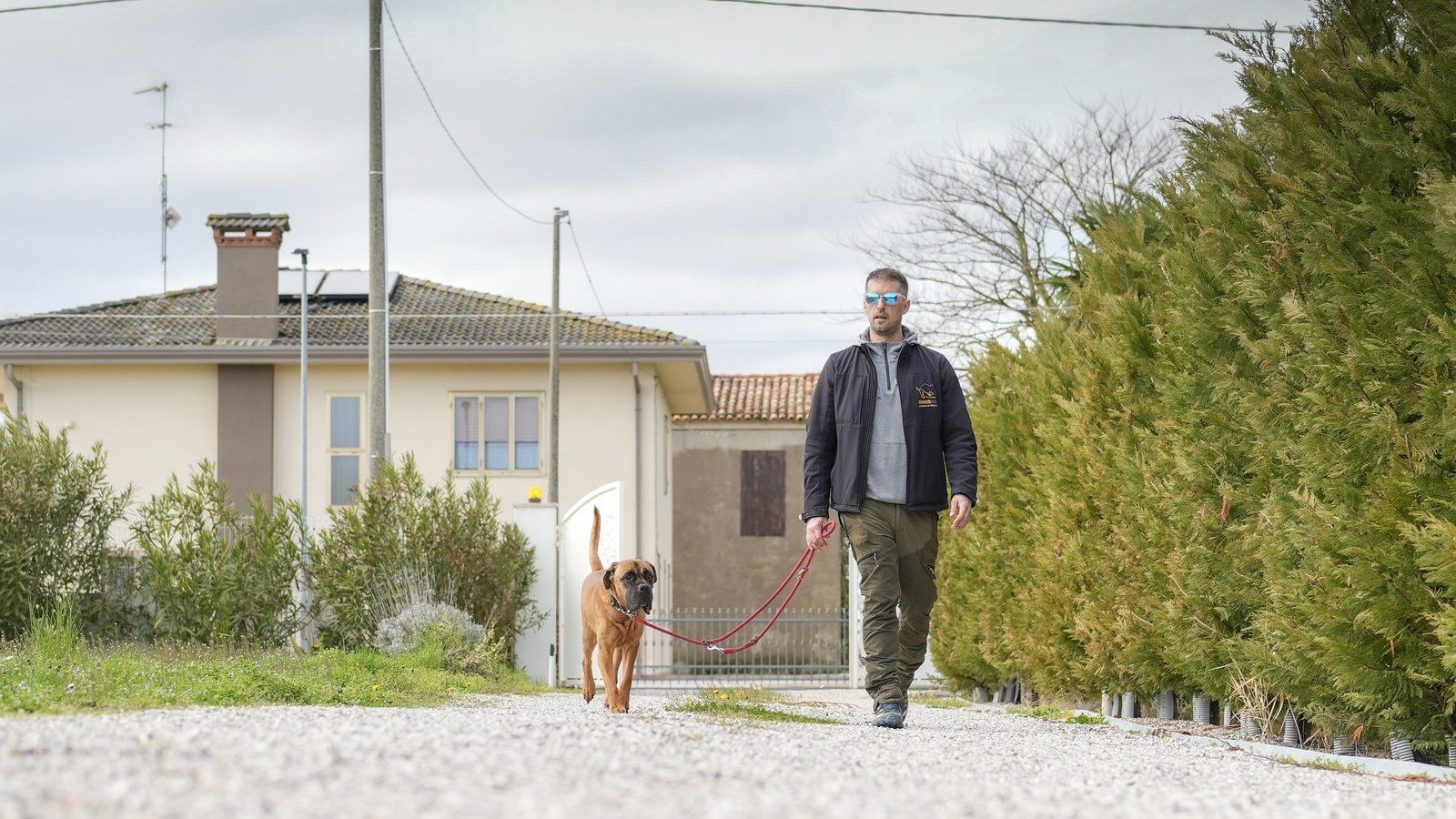 Un operatore ScodinzolHouse porta fuori un cane a metà giornata